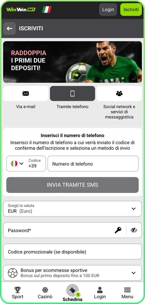 Crea account e scommetti sul calcio immediatamente su WinWin.